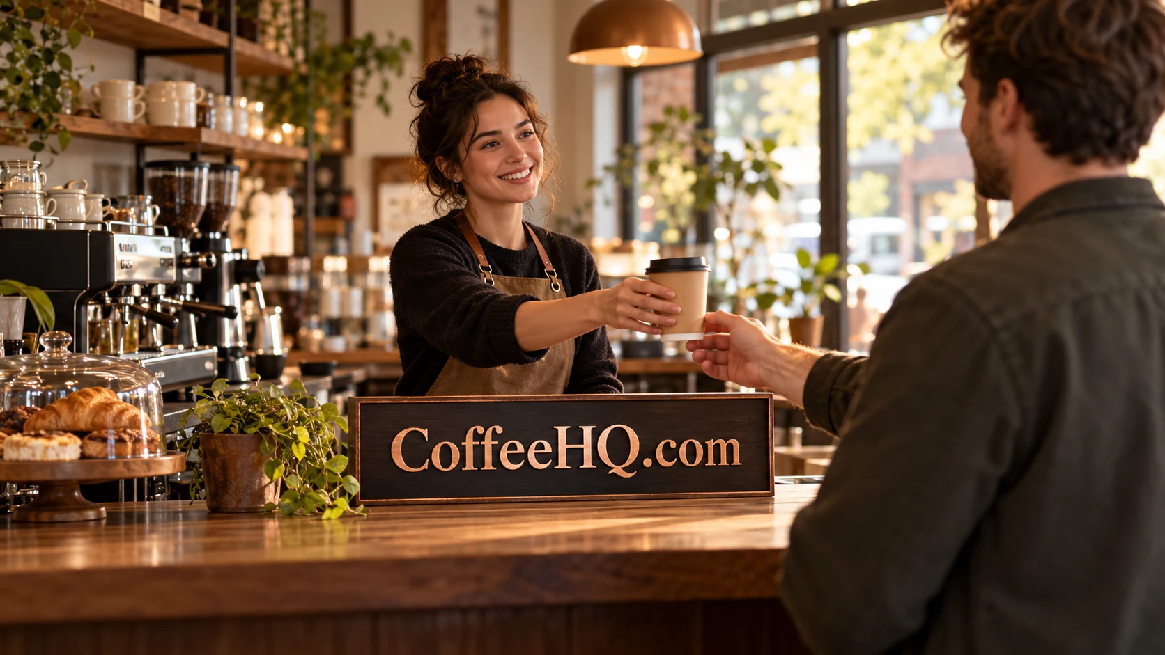 A café barista handing a cup of coffee to a customer across the counter