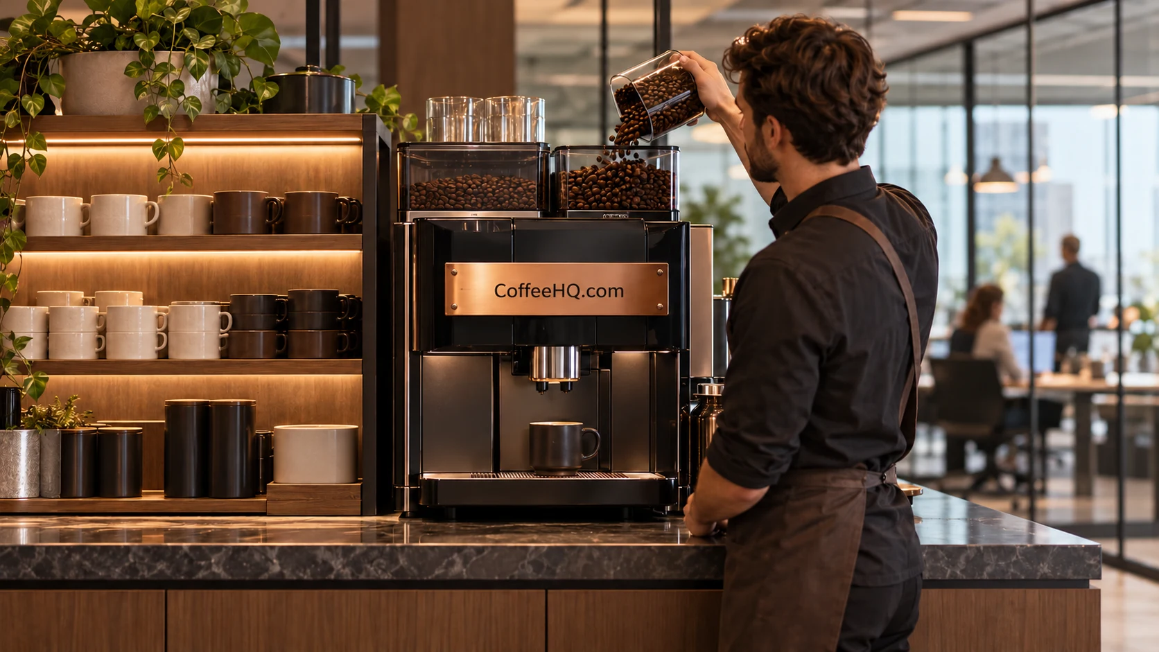 A worker refilling a bean-to-cup machine in a workplace kitchen
