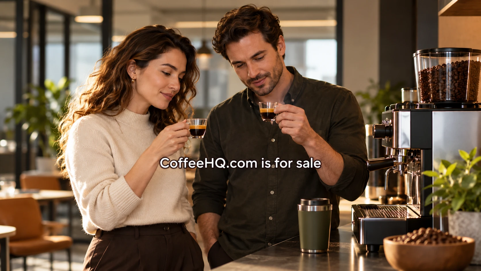 Two colleagues tasting espresso beside a workplace coffee machine